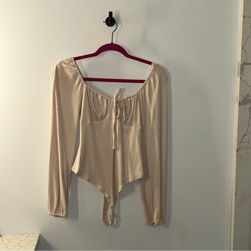 Cream Long Sleeve Tie-Front Top